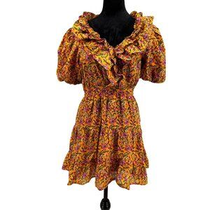Rahi Ruffled Mini Dress Womens S Floral‎ Cottage Core Cotton Puff Sleeve V Neck